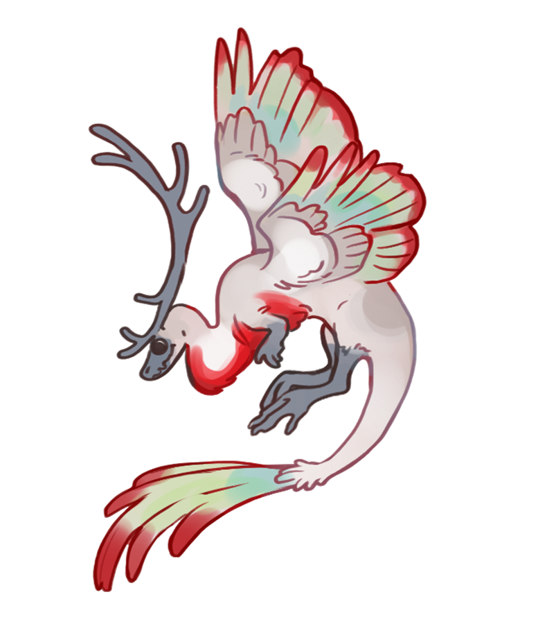 A feathered dragon with a set of long, grey antlers. Its feathers are mostly white, with the tips of its wings and tails steeped in red. 