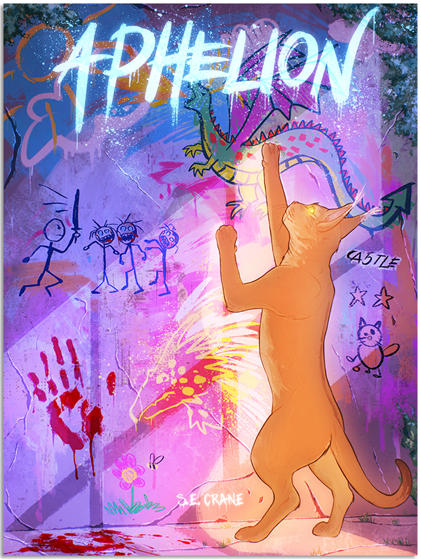 The cover of Aphelion, a dystopian sci-fi novel. It depicts a wall filled with the crayon scribbles of children, innocent in their joy. You see a colourful dragon, a stick man fighting stick-zombies with glowing eyes with nothing but a sword, flowers, and a small cat. A bloody hand print sits in the bottom left corner and blood pools underneath. A glowing cat, her fur the colour of cinnamon, is stretching up to touch the wall, a paw resting on the dragon.