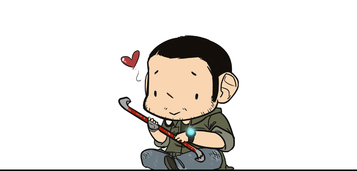 a chibi drawing of kyle crane from dying light. he sits cross legged on the ground and holds a crowbar in his hand, which he looks at lovingly. there is a small red heart next to his face.